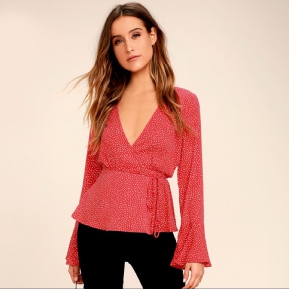 Lulu’s Red & White Polka Dot Love is Enough Wrap Top Blouse Small